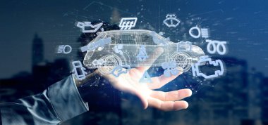 Smartcar simgesi bir otomobil 3d render etrafında tutan bir adam görünümü