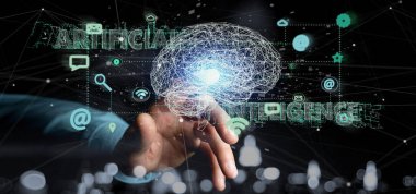 Yapay zeka kavramı ile bir beyin ve app oluşturma 3d tutan bir adam görünümü