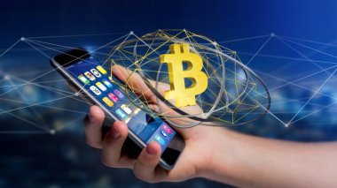Bir ağ bağlantısı - 3d render uçan Bitcoin kripto para birimi işaretiyle smartphone tutan bir işadamı görünümünü