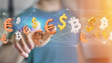 Dolar, Euro ve Bitcoin işaretler bir ağ bağlantı - 3d render uçan görünümünü