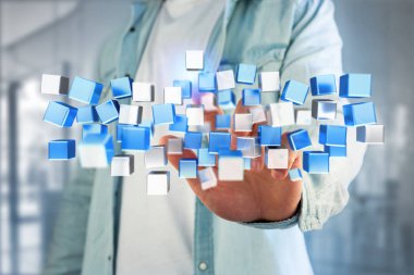 Bir futuristik bir arayüze mavi ve beyaz küp oluşturma 3D Görünüm