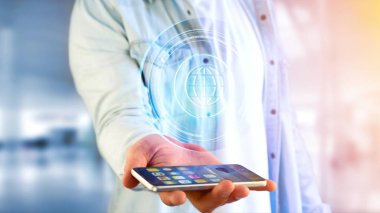 Bir işadamı bir parlak teknolojik dünya ile bir smartphone kullanarak görünümünü düğme - 3d render