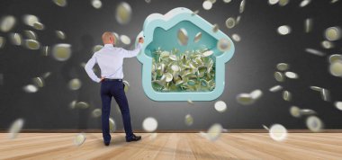 Sikke üzerinde tüm 3d render çevreleyen ile bir ev servet tutan bir adam görünümü