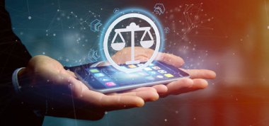 Adalet simgesi bir daire içinde 3d render smartphone üzerinde tutan bir adam görünümü