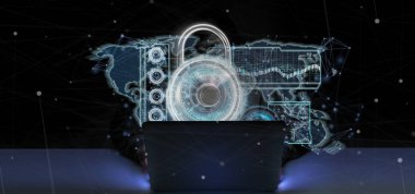 Bir Hacker bir asma kilit web güvenlik kavramı 3d render tutan adam görünümünü