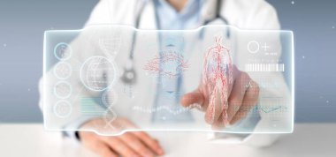 İnsan vücudunun futuristik bir şablon tutan bir doktor görünümünü