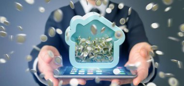 Sikke üzerinde tüm 3d render çevreleyen ile bir ev servet tutan bir adam görünümü