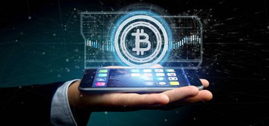 Bitcoin simgesi üzerinde bir daire 3d render tutan bir adam görünümü