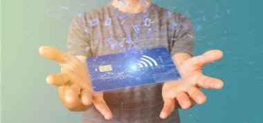 Temassız kredi kartı ödeme kavramı 3d render tutan bir adam görünümü