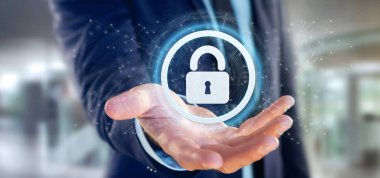 Bir asma kilit web güvenlik kavramı 3d render tutan bir adam görünümü