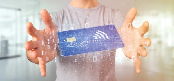 Vista Uomo Possesso Concetto Pagamento Con Carta Credito Contactless Rendering — Foto Stock