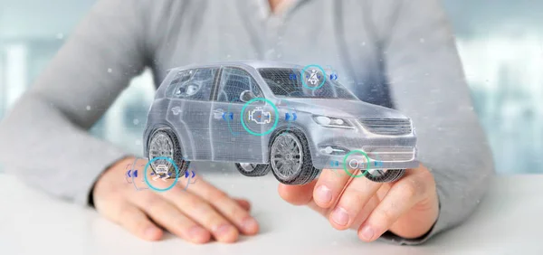 View Man Holding Smartcar Checkings Rendering — Stock Photo, Image