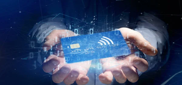View Man Holding Contactless Credit Card Payment Concept Rendering — Stock Photo, Image