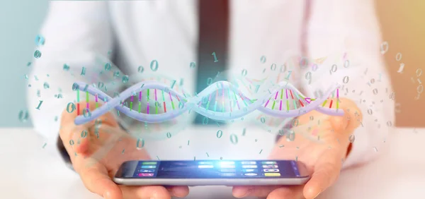 Affärsman Som Innehar Rendering Data Kodade Dna Med Binär Fil — Stockfoto