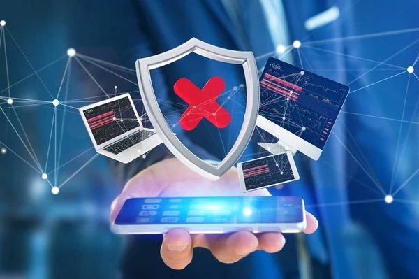 Aygıtlar ve ağ üzerinde bir futuristik bir arayüze görüntülenen çevrili bir Hacked kalkan simge görünümü 