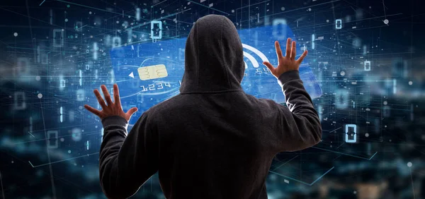 Vista Homem Hacker Segurando Conceito Pagamento Cartão Crédito Sem Contato — Fotografia de Stock