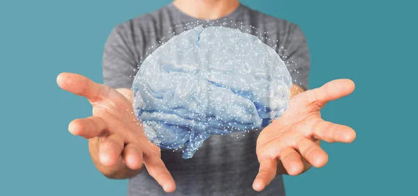 View Businessman Holding Rendering Artificial Brain — Stock Photo, Image