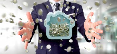 Sikke üzerinde tüm 3d render çevreleyen ile bir ev servet tutan bir adam görünümü