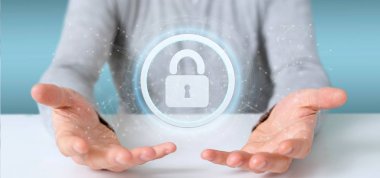 Bir asma kilit web güvenlik kavramı 3d render tutan bir adam görünümü