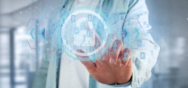 Bir asma kilit web güvenlik kavramı 3d render tutan bir adam görünümü