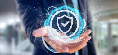 Bir kalkan web güvenlik kavramı 3d render tutan bir adam görünümü