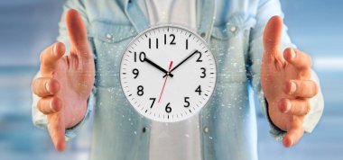 Bir saat zamanlayıcı 3d render tutan bir adam görünümü