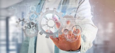 Bir teknoloji dişli çark interface3d render tutan bir adam görünümü