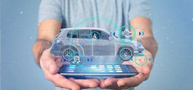 Checkings 3d render ile bir Smartcar tutan bir adam görünümü