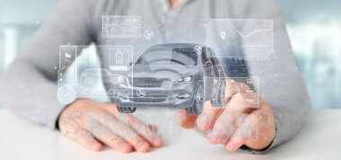 Bir pano smartcar arabirimi Pano 3d render tutan bir adam görünümü