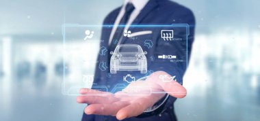 Bir pano smartcar arabirimi Pano 3d render tutan bir adam görünümü