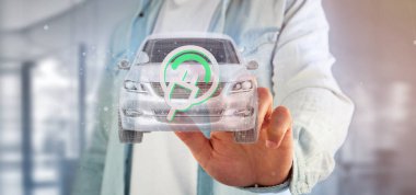 Bir elektrik smartcar kavramı 3d render tutan bir adam görünümü