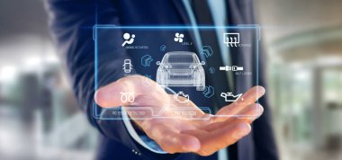 Bir pano smartcar arabirimi Pano 3d render tutan bir adam görünümü