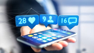 -3d render ağ görünümü gibi bir takipçisi ve mesaj bildirim sosyal bir smartphone kullanarak bir işadamı