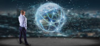 Dünya Dünya çapında bağlantı tutan bir adam görünümü 3d render izole