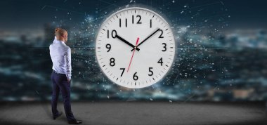 Bir saat zamanlayıcı 3d render tutan bir adam görünümü