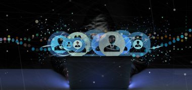 Bir Hacker bir profesyonel tutan adam görünümünü ağ kavramı 3d render başvurun