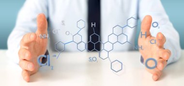 Bir arka plan üzerinde izole molekül yapısı oluşturma 3d tutan bir işadamı görünümünü