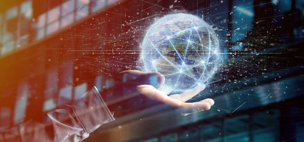 Dünya Dünya çapında bağlantı tutan bir adam görünümü 3d render izole