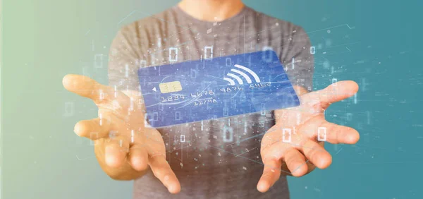 Vista Uomo Possesso Concetto Pagamento Con Carta Credito Contactless Rendering — Foto Stock