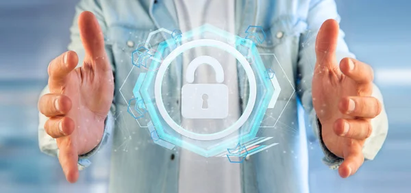 View Man Holding Padlock Web Security Concept Rendering — Stock Photo, Image
