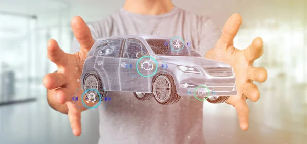 View Man Holding Smartcar Checkings Rendering — Stock Photo, Image