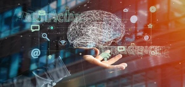 Vista Hombre Sosteniendo Concepto Inteligencia Artificial Con Cerebro Una Aplicación —  Fotos de Stock