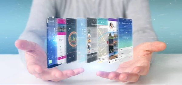 Render App Şablon Bir Akıllı Telefon Üzerinde Tutan Bir Işadamı — Stok fotoğraf