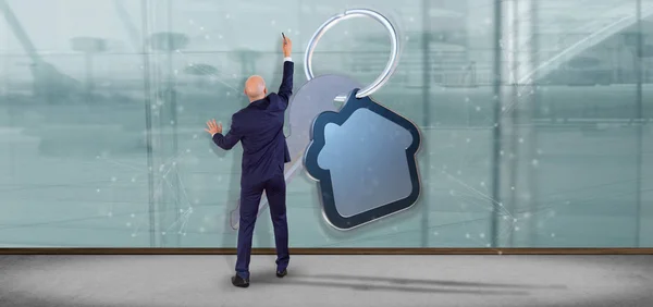 Ansicht Eines Mannes Mit Schlüssel Und Haus Rendering — Stockfoto