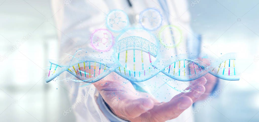 View of a Doctor holding a 3d render DNA