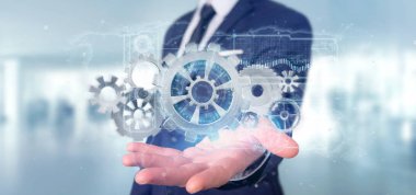 Teknoloji dişli çark arayüzü tutan adam görünümünü 