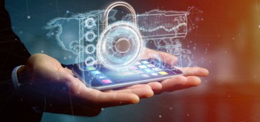 Asma kilit güvenlik teknoloji arayüzü tutan adam görünümünü 