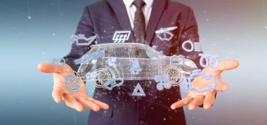 Smartcar simgeler otomobil etrafında tutan adam görünümünü