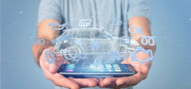 Smartcar simgesi otomobil etrafında tutan adam görünümünü