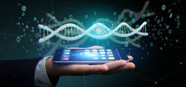 3d işleme verileri tutan işadamı görünümünü Dna ikili dosya ile kodlanmış